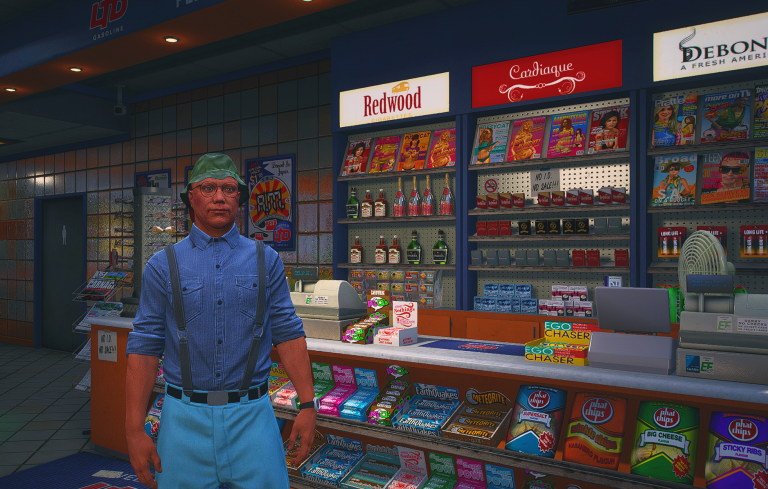Earl Preston in suspenders behind a convenience store counter