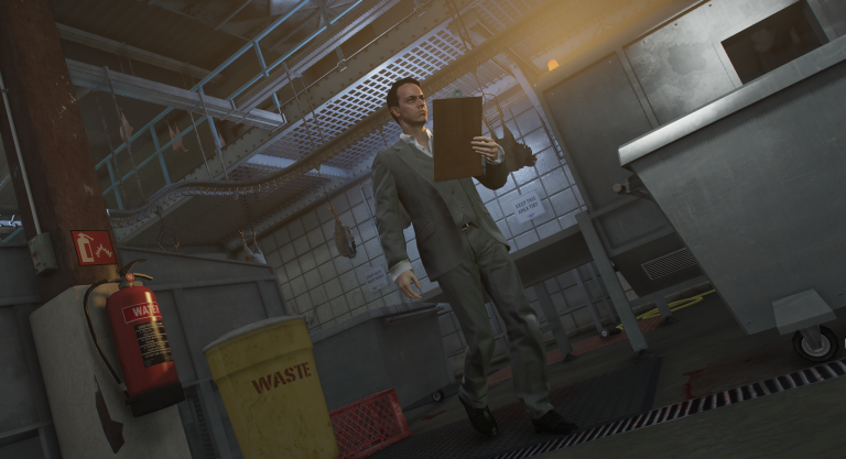Jack Feebs with a clipboard walking a warehouse floor