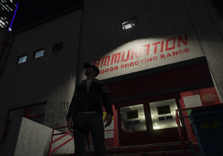 Jet standing outside the Ammu-Nation shooting range at night