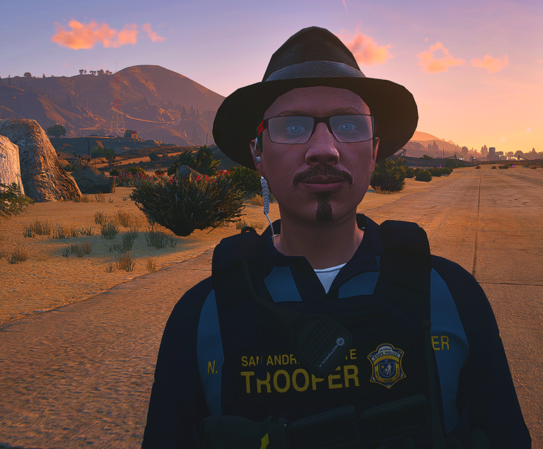 Max Frank in San Andreas State Trooper gear at sunset