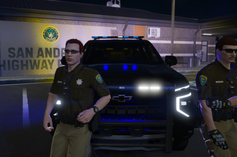 Wade Belson with San Andreas Highway Patrol units at night