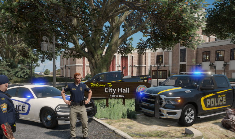 Wade Belson with patrol cars outside Paleto Bay City Hall