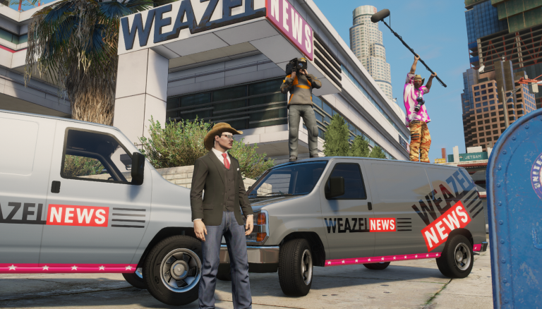 Chip Donovan in a fedora standing between two Weazel News vans