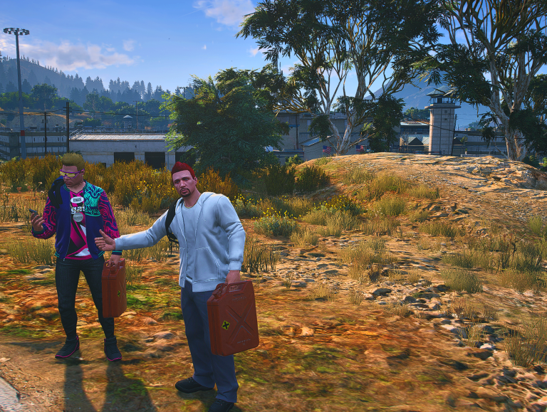 Jet and Bart carrying jerry cans in a field